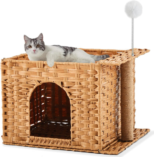 Rattan Cat Bed Cave Indoor Kitten House, Handwoven Hidden Cat Litter Box Enclosure Furniture, 18.5 x 13.78 x 12.6 Inches Pet Cube House, Foldable, Hideaway, with Fluffy Ball and Sisal Post