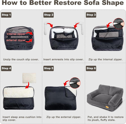 Cat Couch Bed - Cat Bed for Indoor Cats, Calming Pet Sofa Puppy Sleeping Bed with Removable Washable Cover, Cute Dog Couch and Kitty Lounge Chair for 20lbs Cats & Small Dogs(Light Grey)