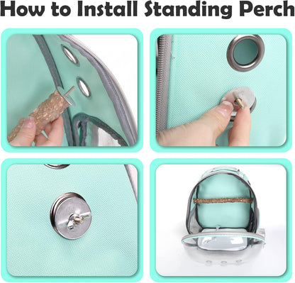 Bird Backpack Carrier with Perch, Portable Bird Travel Cage Bag, Clear Parrot Carrier Cockatiel Cage with Toy Stainless Steel Food Bowl Tray for Conures Parakeet Budgie Canary Lovebirds Small Animals
