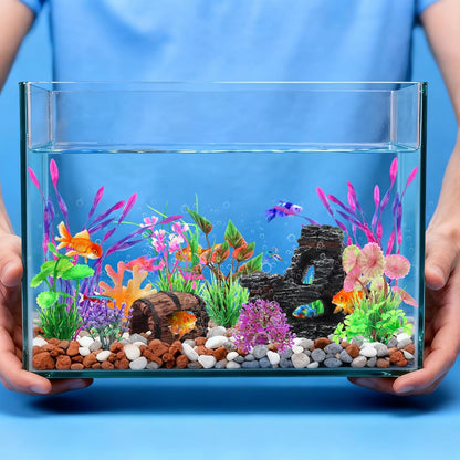 15 Pcs Aquarium Artificial Plastic Plants Decorations and Resin Barrel and Coral Rock Cave Set, Fish Tank Accessories Hideout Ornaments Aquarium Decor Set