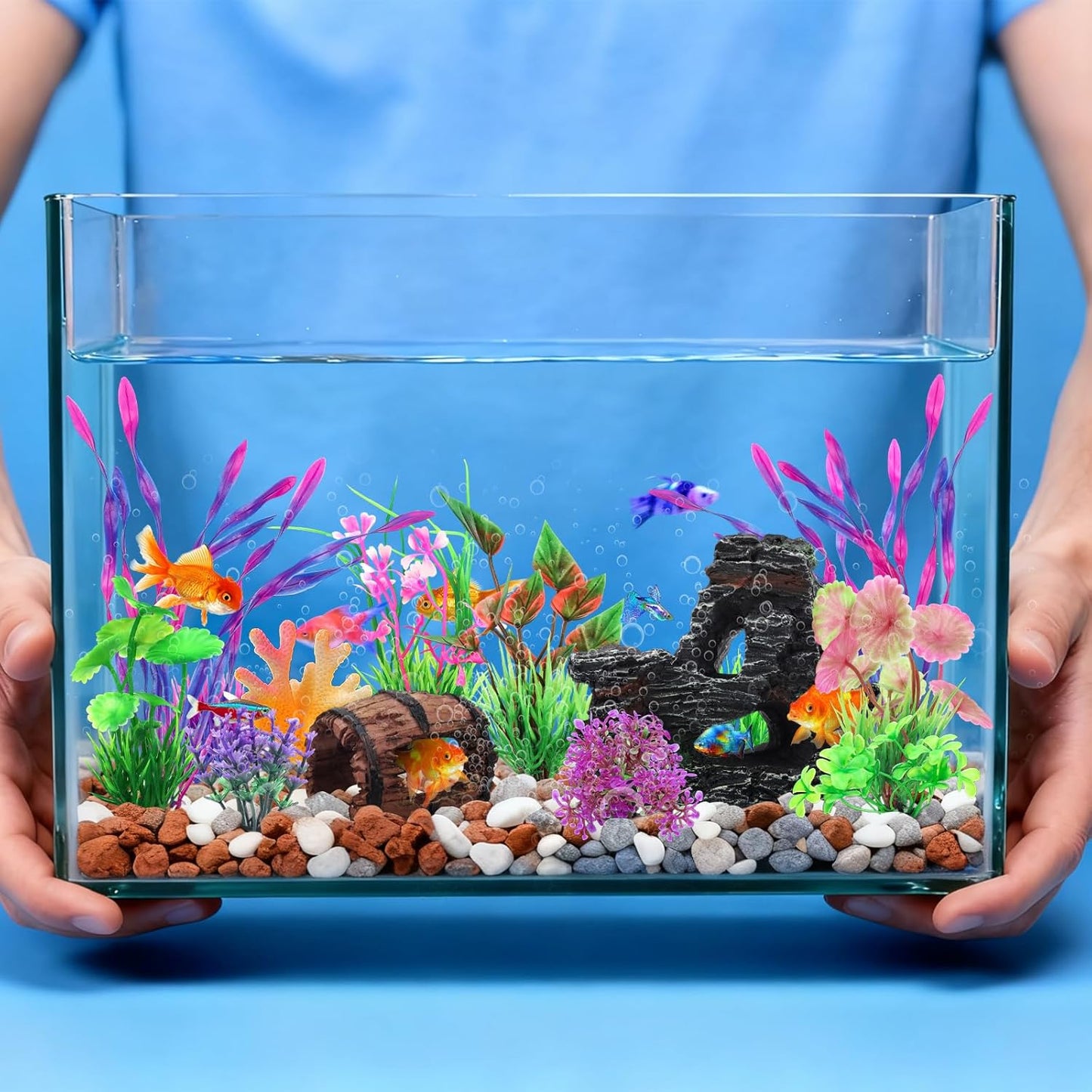 15 Pcs Aquarium Artificial Plastic Plants Decorations and Resin Barrel and Coral Rock Cave Set, Fish Tank Accessories Hideout Ornaments Aquarium Decor Set