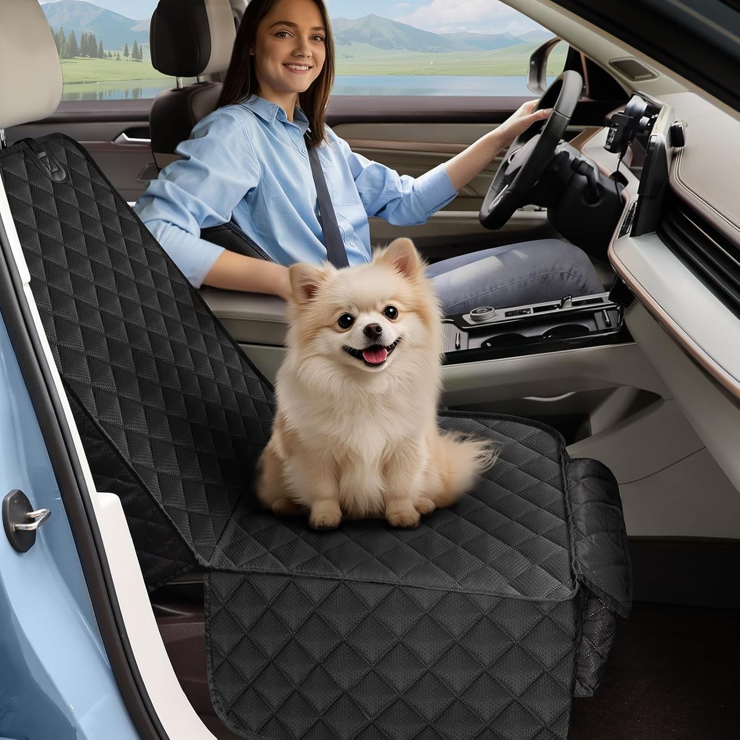 Dog Car Seat Cover for Front Seat, Waterproof Full Protection Pet Car Seat Cover with Side Flaps, Non-Slip Front Seat Protector with Pocket for Cars, Trucks, SUVs