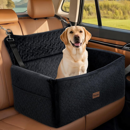 Dog Car Seat for Large Medium Dogs up to 60 lbs – Elevated Dog Booster Seat for Cars with Extra-Safe 14in High Front, Memory Foam Cushion, Washable Cover, Backseat Pet Car Bed (Black)