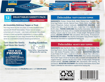 Blue Buffalo Delectables Natural Wet Dog Food Toppers Variety Pack, Tasty Chicken & Hearty Beef, Cuts in Gravy, 3-oz. (12 Pouches, 6 of Each Flavor)