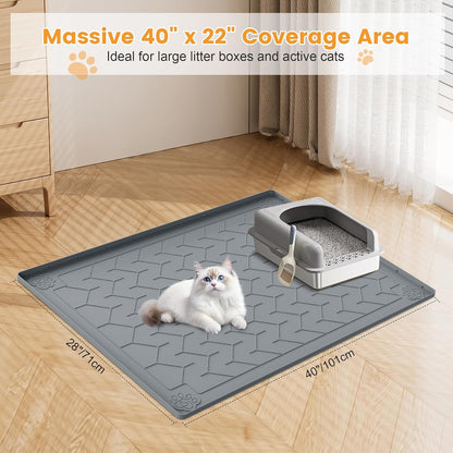 35" x 24"Cat Litter Mat & Extra Large 40"x28" Silicone Mat for Litter Box, Waterproof & Non-Slip Rubber Mat with Lip, Litter Trapping & Scatter Control, Soft on Cat Paws