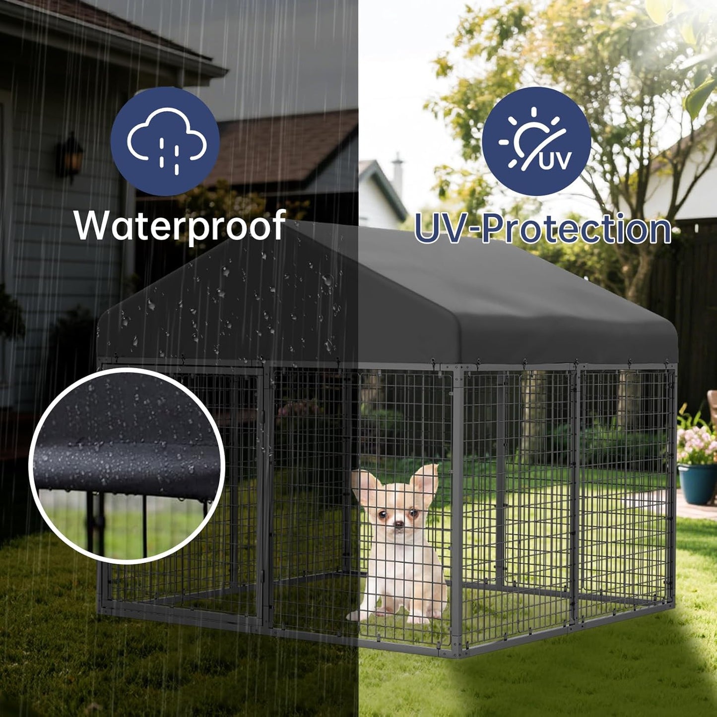 Large Outdoor Dog Enclosure,Heavy Duty Dog Cage with Roof,Galvanized Steel Dog Kennel Fence with Double Safety Locks(79”W x 79”D)