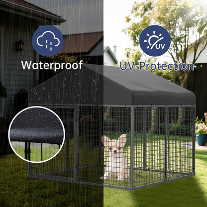 Large Outdoor Dog Enclosure,Heavy Duty Dog Cage with Roof,Galvanized Steel Dog Kennel Fence with Double Safety Locks(79”W x 79”D)