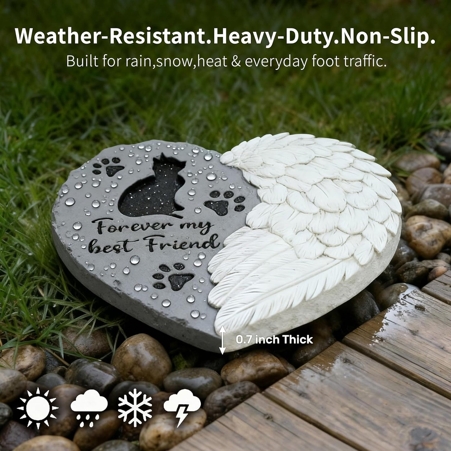Cat Memorial Stone 10” Heart with Wings Outdoor Pet Grave Marker Cement Garden Remembrance Stone Sympathy Gift for Loss of Cat Angel Paw Design