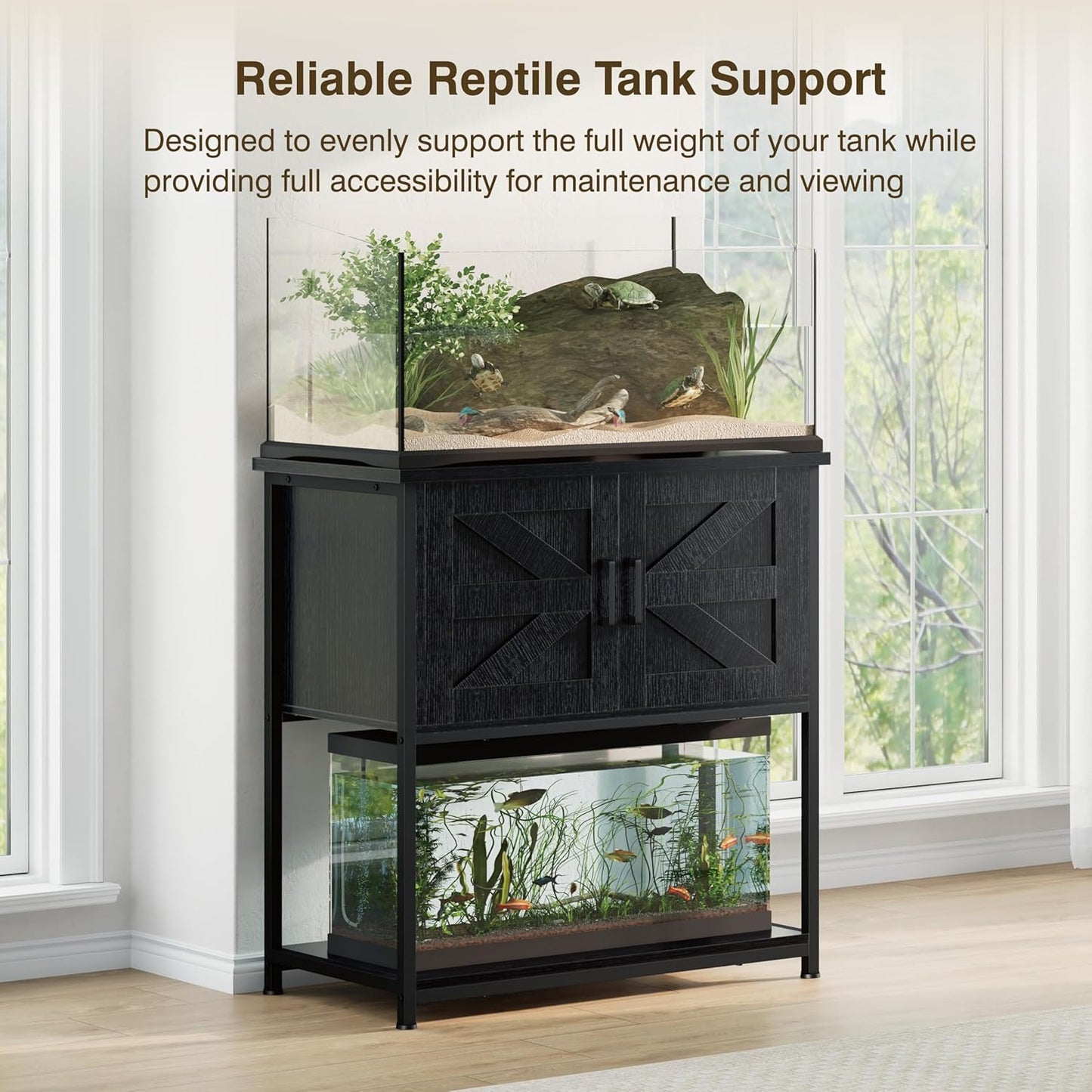 20-29 Gallon Wood Farmhouse Aquarium Stand with Cabinet - 3-Tier Heavy Duty Metal Frame Fish Tank Stand with Storage, Turtle Reptile Tank Stand, 330LBS Capacity, 31.5" L Tabletop, Black