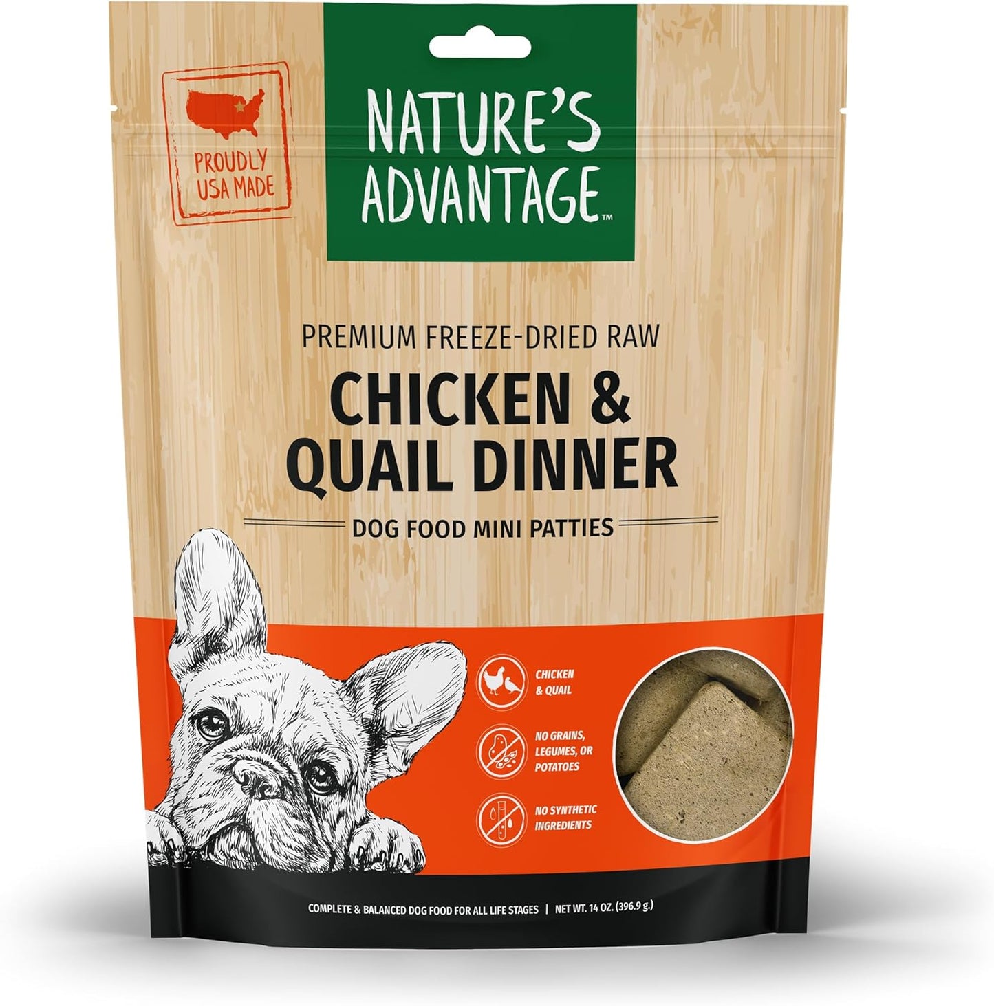 Nature's Advantage Freeze-Dried Raw Chicken & Quail Dinner Dog Food Mini Patties, 14 oz | Grain Free, High Protein Nutrition