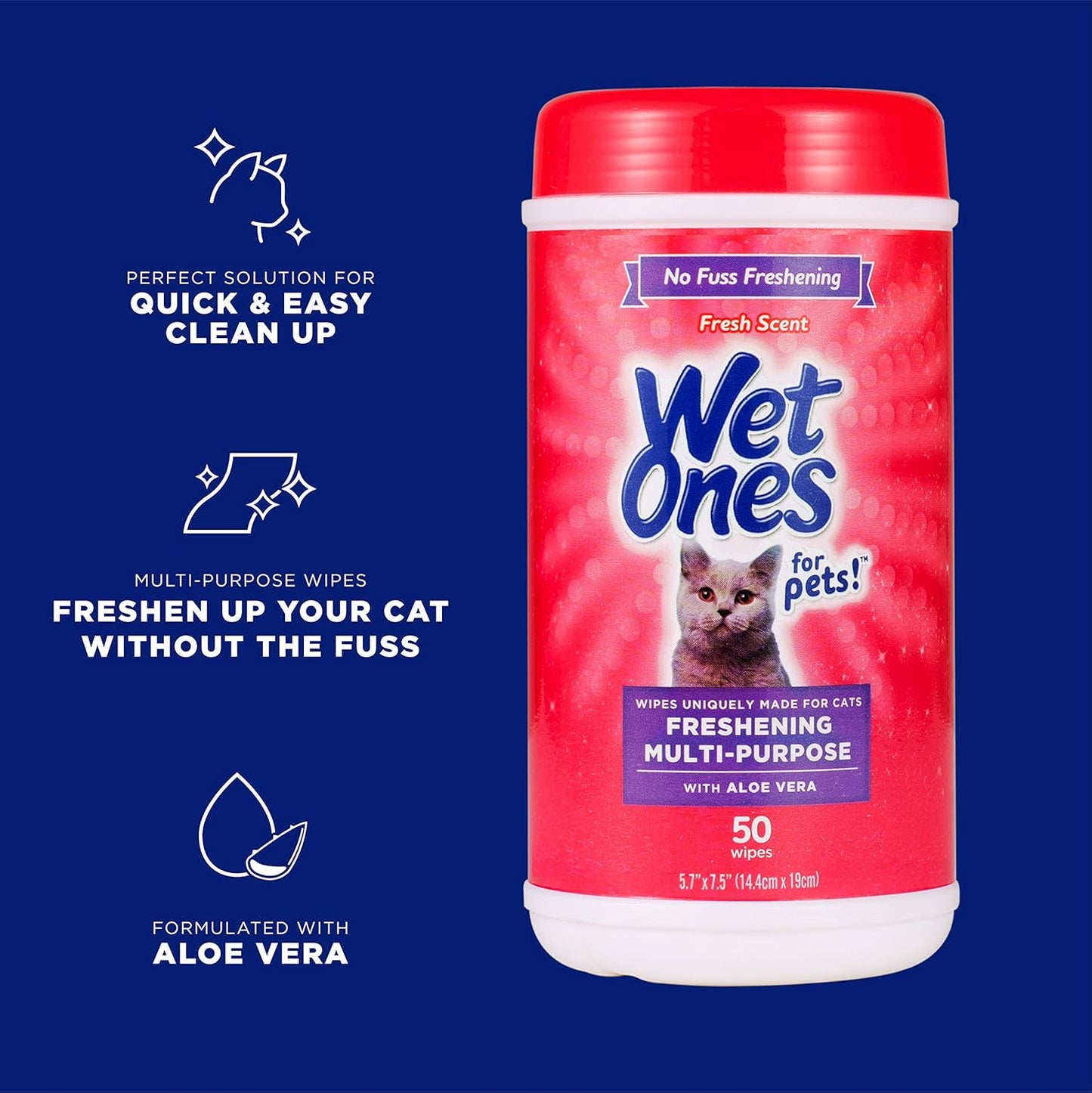 Wet Ones for Pets Freshening Multipurpose Wipes for Cats with Aloe Vera, Fresh Scent - Easy to Use Cat Cleaning Wipes for Pet Grooming in Canister, 50 Count