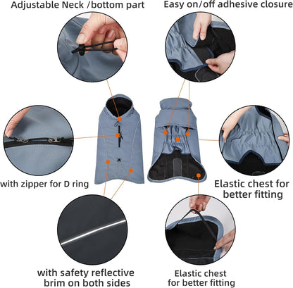 Pro-Series Waterproof Dog Coat, Softshell Winter Jacket with Fleece Lining & Rear Leg Straps, Full-Coverage Raincoat with Dual-Zipper Harness Port for Outdoor Hiking (Blue, Large)