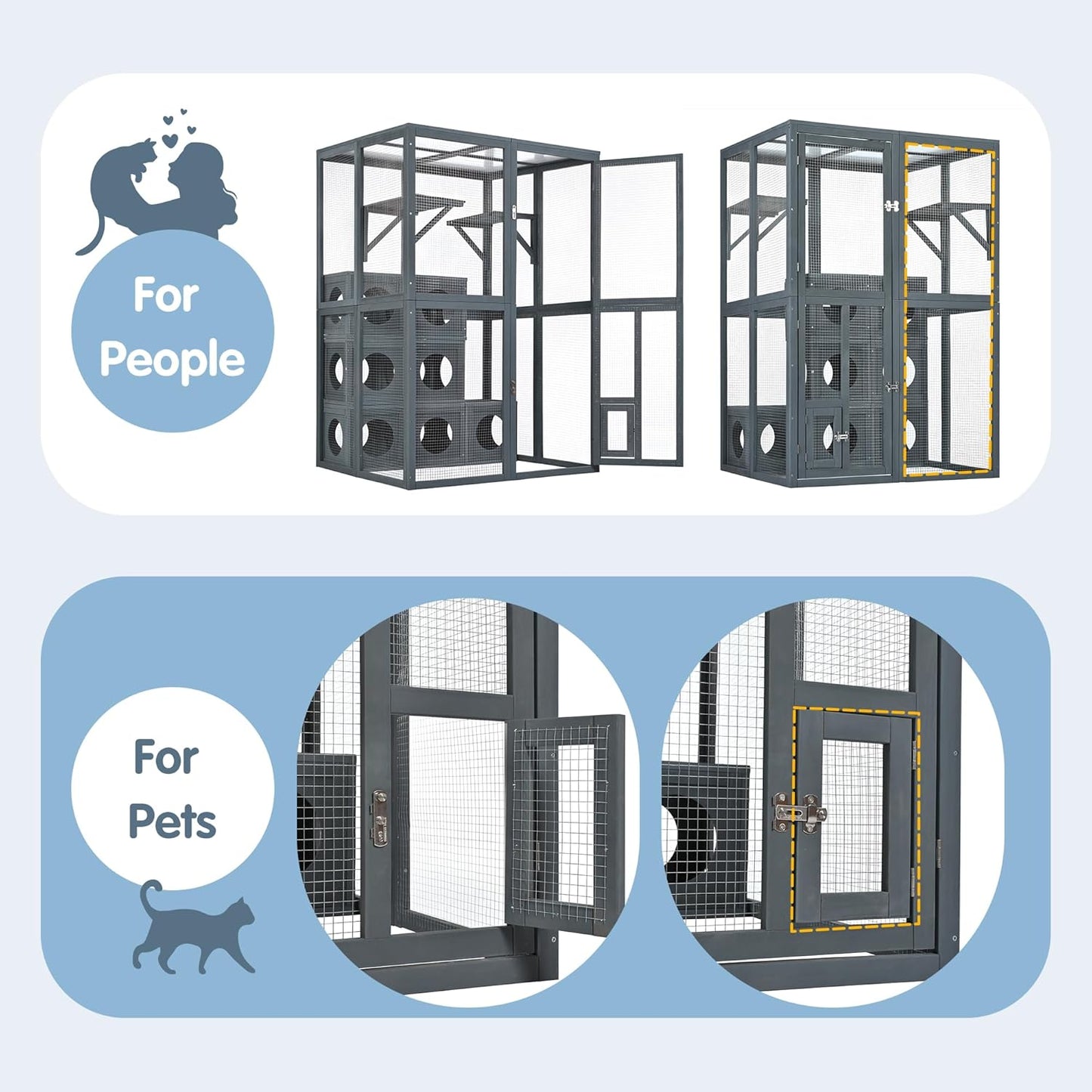Outdoor Cat House,69" Catio Outdoor Cat Enclosure W/ 7 Freely Combination Wood Boxes & Climbing Shelves,Wooden Walk in Cat Cage W/ 2 Platforms & Double Enter Doors,for Multiple Cats,Gray
