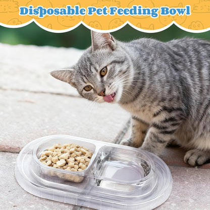 30 Pcs Disposable Cat Bowls with Ant Proof Moats - No Spill Double Bowl Tray for Stray & Outdoor Cats, Travel & Feeding - 30 Day Supply