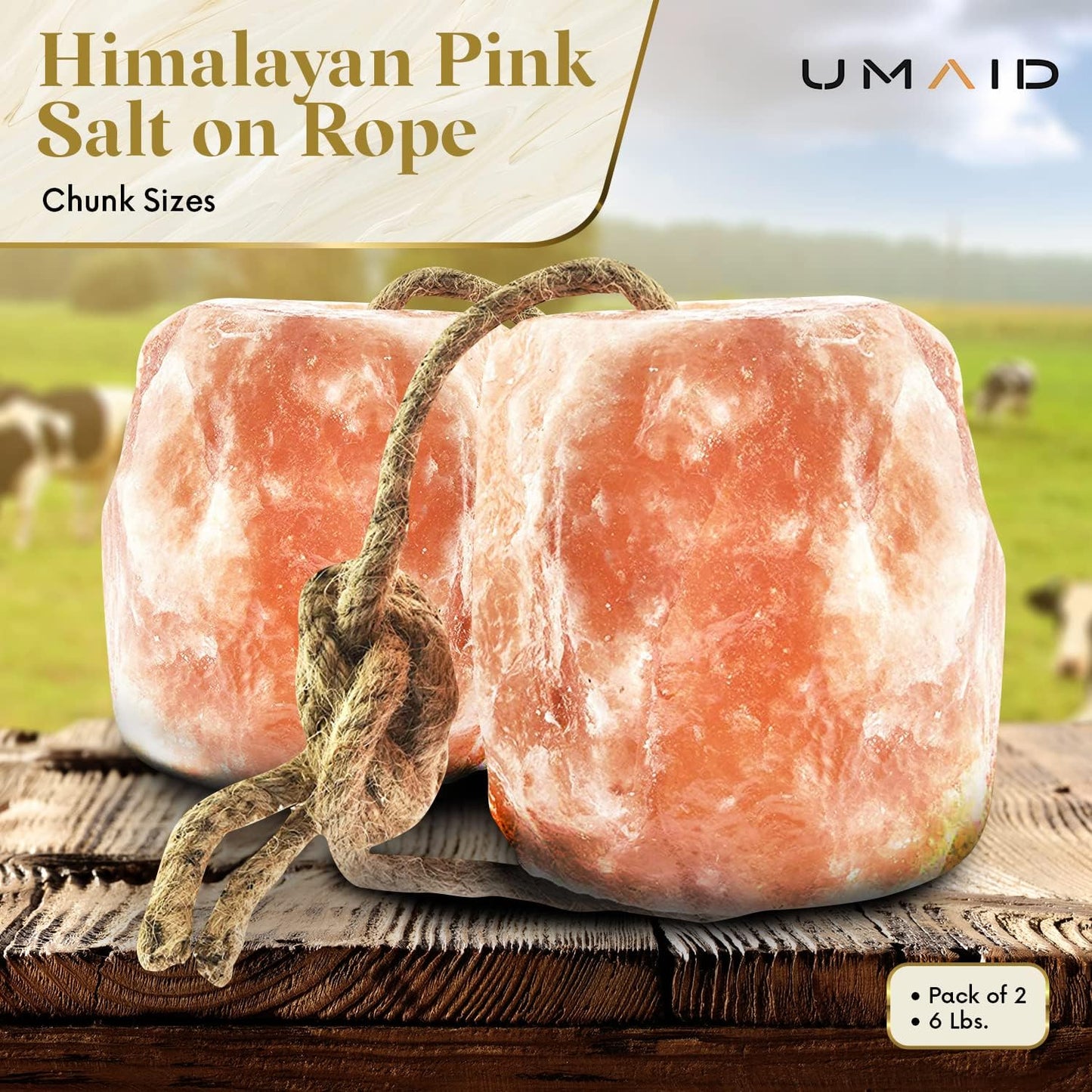 UMAID Himalayan Salt Lick 6 lbs On Rope for Horse, Deer, Goat, and Livestock Animals - Himalayan Salt Block 1 Pack