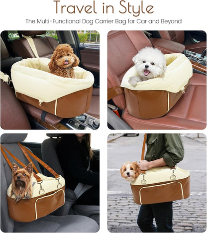 Dog Car Seat for Small Dogs, Washable Dogs Bed with Non-Slip Base, Waterproof Dog Booster Seat for Car with Storage Pockets, Pet Carseat Puppy Travel Carrier Bed (Brown)