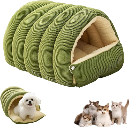 Cat Dog Cave Bed, 2026 New Winter Cave for Dog and Cat, Warm Plush Covered Cat House with Removable Cushion, Soft Sleeping Bed for Indoor Cats(Green,L)