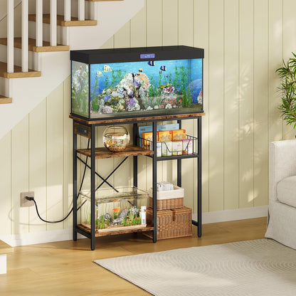 Fish Tank Stand with Power Outlet, Aquarium Stand with Wire Storage Basket, 10-15 Gallon Reptile Tank Stand with Shelves, Aquarium Table, for Home, Office, Rustic Brown and Black TCW78UBF
