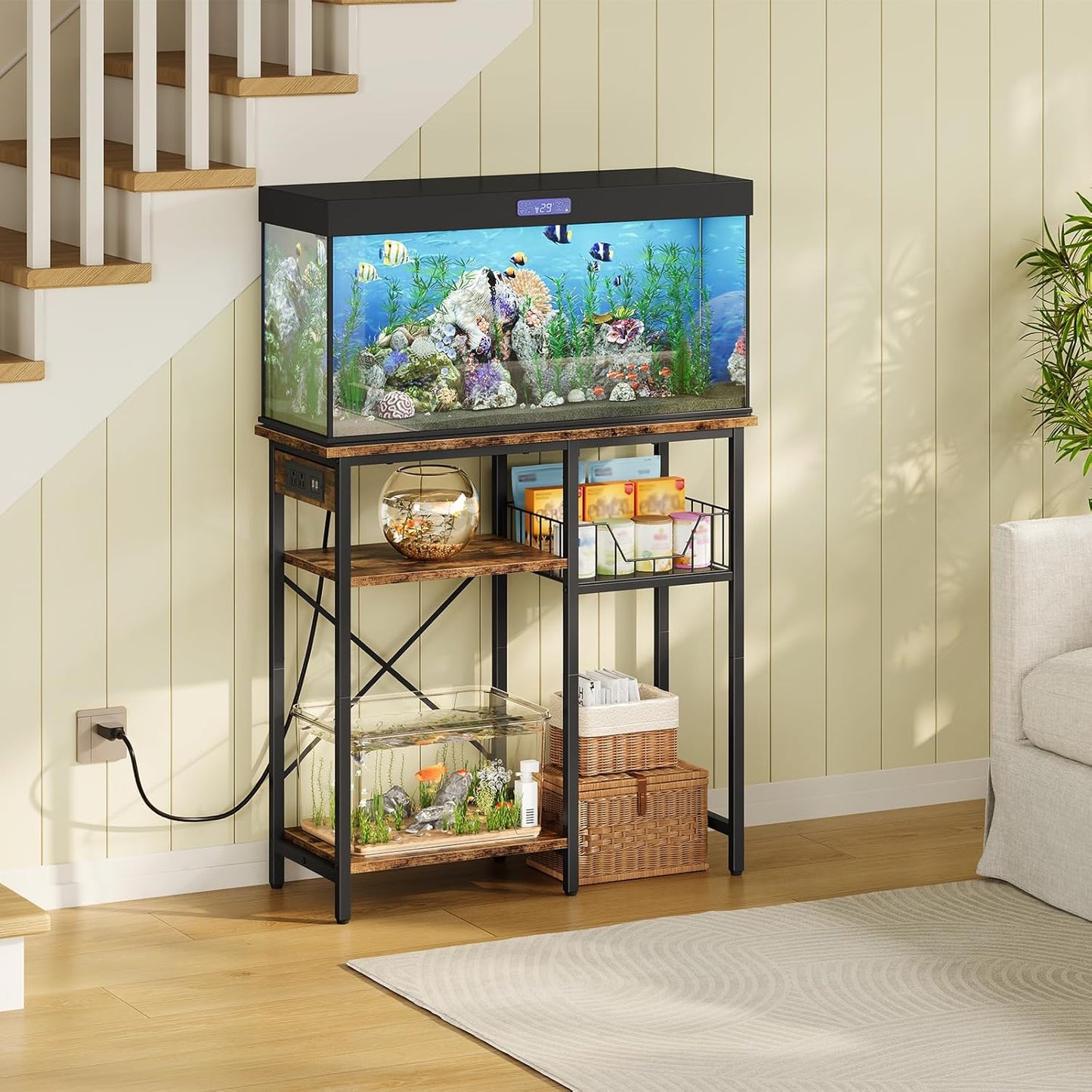 Fish Tank Stand with Power Outlet, Aquarium Stand with Wire Storage Basket, 10-15 Gallon Reptile Tank Stand with Shelves, Aquarium Table, for Home, Office, Rustic Brown and Black TCW78UBF