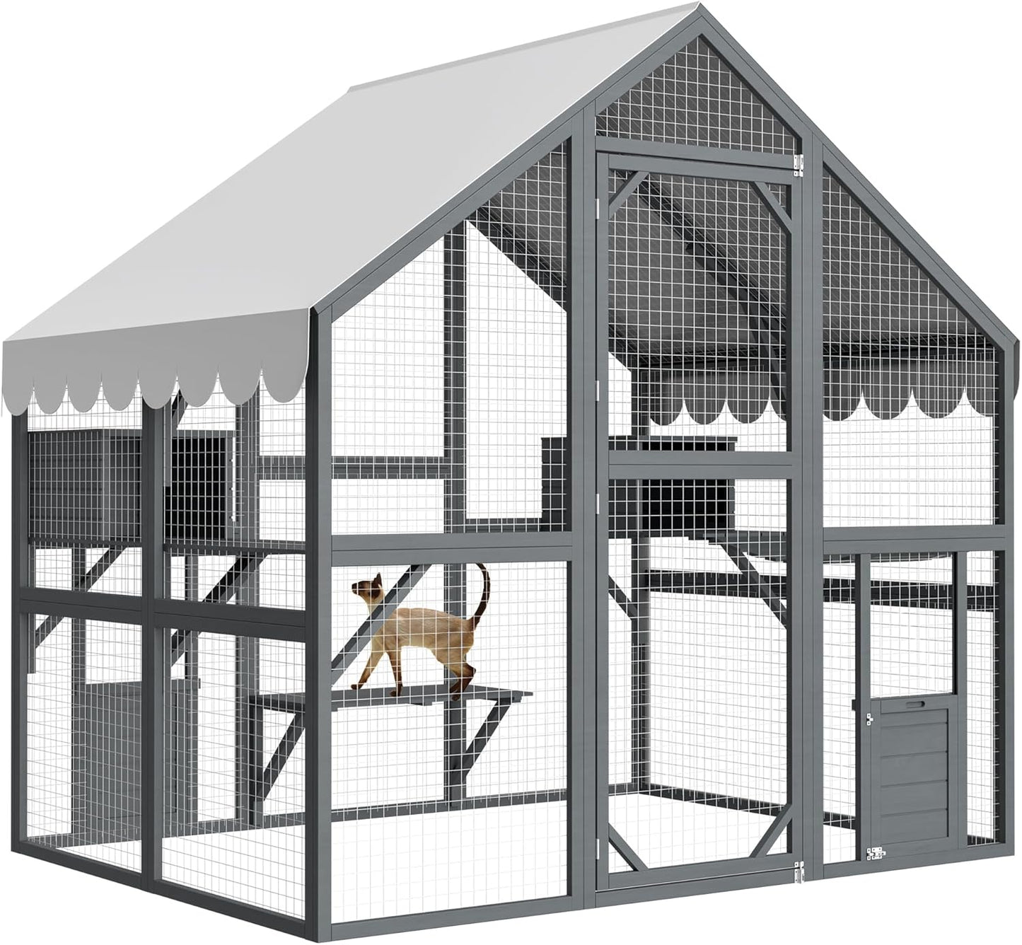 KEIKI 6x4.6 FT Wooden Large Cat House Outdoor Catio Kitty Enclosures with 2 Doors,Platforms,Resting Box,Peaked Roof