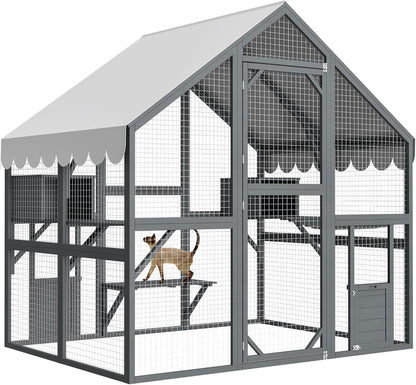 KEIKI 6x4.6 FT Wooden Large Cat House Outdoor Catio Kitty Enclosures with 2 Doors,Platforms,Resting Box,Peaked Roof