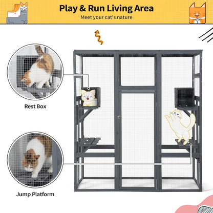 COZIWOW Large 70inches Outdoor Catio, Indoor Cat Cage House with Waterproof Roof, 5 Perches & 2 Condos, Spacious Wooden Cat Enclosure for 2-3 Cats, Stable & Breathable (Grey)