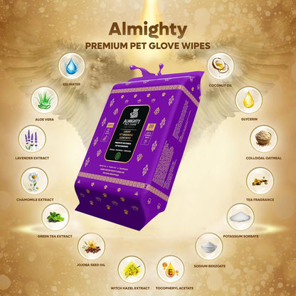 Almighty – Premium Pet Grooming Glove Wipes for Dogs & Cats | 20 Count | Instant Bath Cleaning Glove | Ultra-Thick, Hydrating & Nourishing | Deodorizing, Hypoallergenic, No-Rinse – Lavender Scent