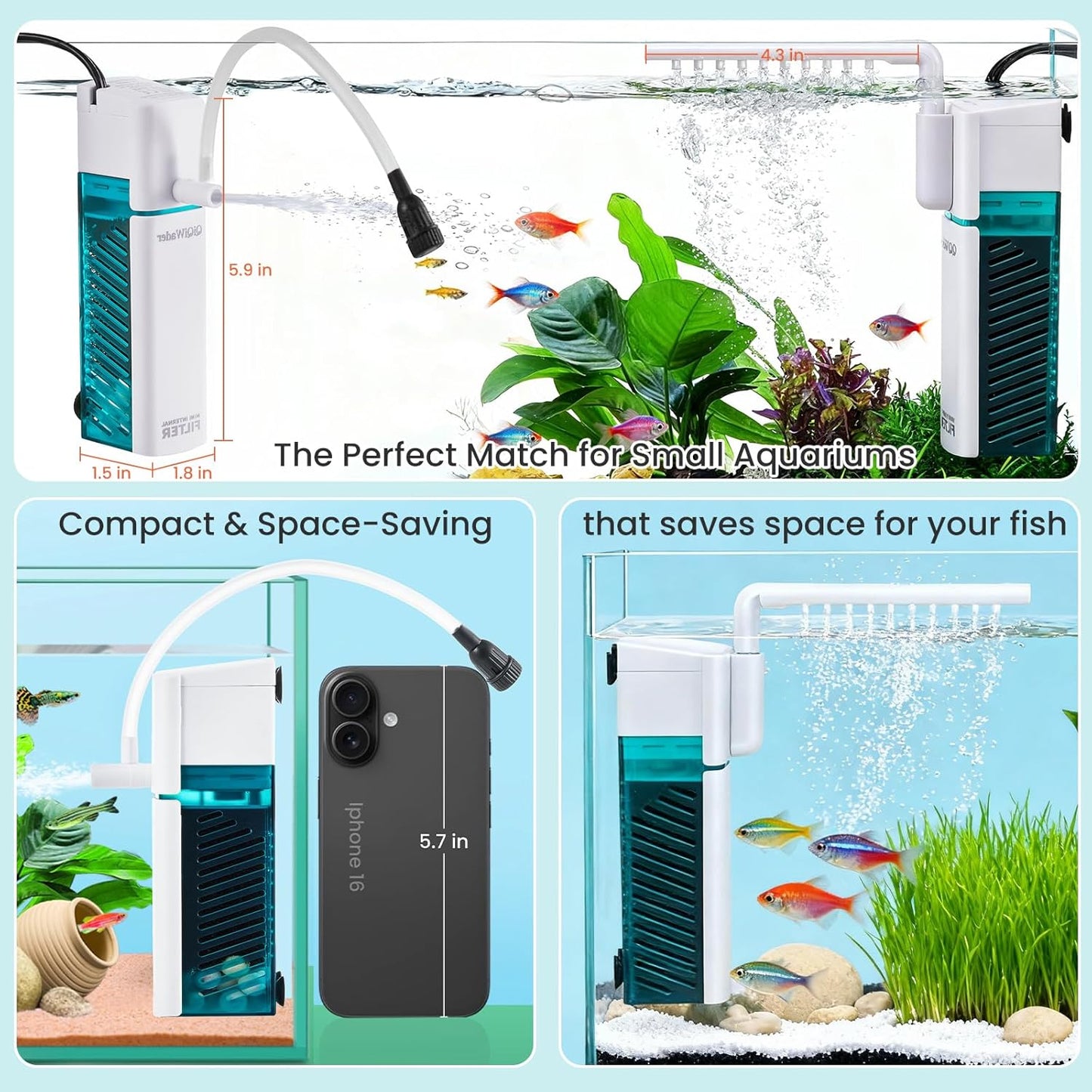 Small Aquarium Filter, Fish Tank Filter, Suitable for 3-10 Gallon Fish Tanks, 6W 24GPH with Two Modes Switching Function.