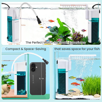 Small Aquarium Filter, Fish Tank Filter, Suitable for 3-10 Gallon Fish Tanks, 6W 24GPH with Two Modes Switching Function.