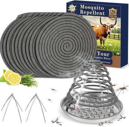 Livestock Mosquito & Fly Repellent Coils 10 Pack, Natural Citronella for Cattle, Horses, Goats, Chickens, 12-Hour Burn Time, Farm & Stable Outdoor Insect Protection, with 1 Holder & 2 Stands