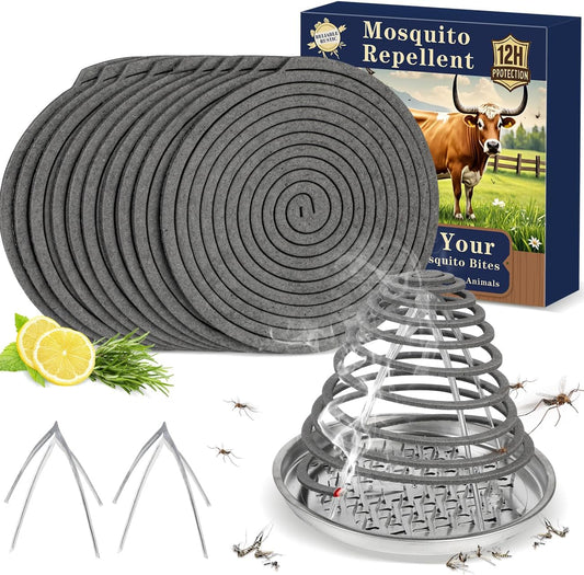Livestock Mosquito & Fly Repellent Coils 10 Pack, Natural Citronella for Cattle, Horses, Goats, Chickens, 12-Hour Burn Time, Farm & Stable Outdoor Insect Protection, with 1 Holder & 2 Stands