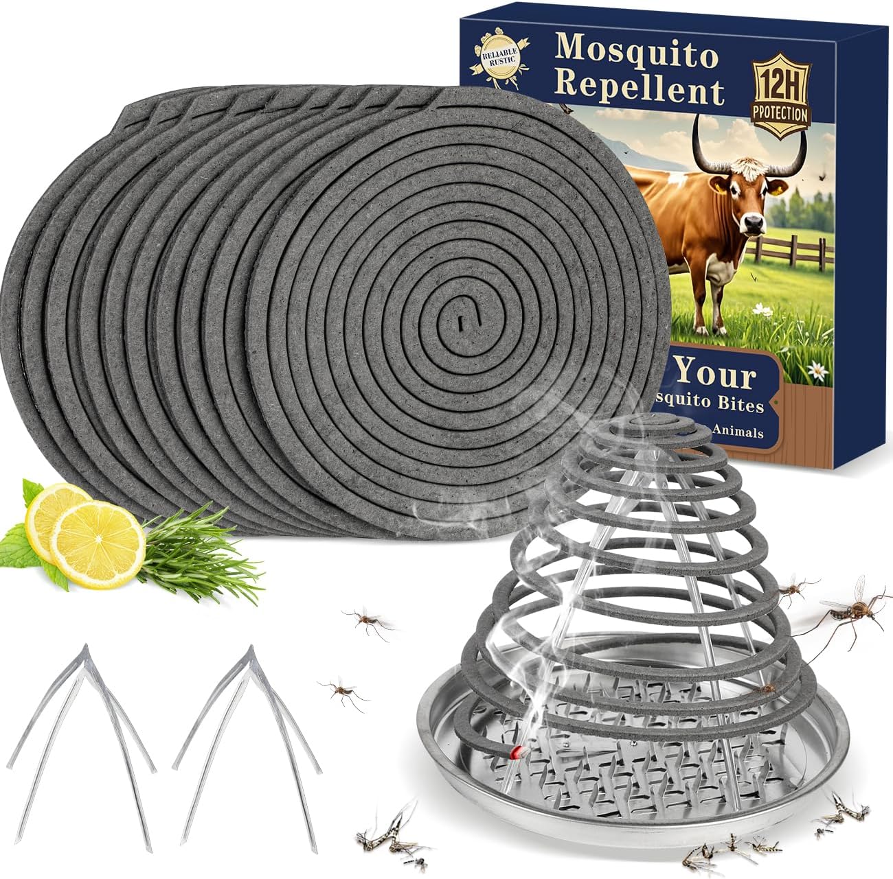 Livestock Mosquito & Fly Repellent Coils 10 Pack, Natural Citronella for Cattle, Horses, Goats, Chickens, 12-Hour Burn Time, Farm & Stable Outdoor Insect Protection, with 1 Holder & 2 Stands
