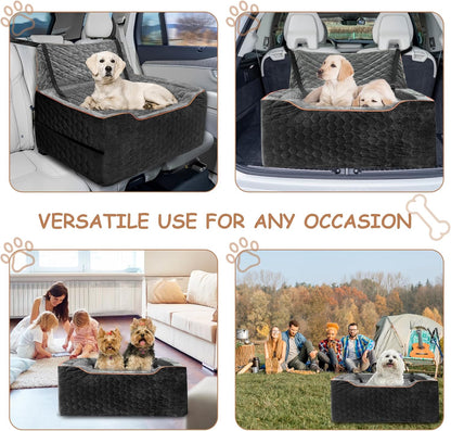 Dog Booster Seat for Larger & Medium Dogs – Comfortable Dog Car Bed with Washable Cover and Storage Pockets for Pets Up to 60lbs (BlackGray)