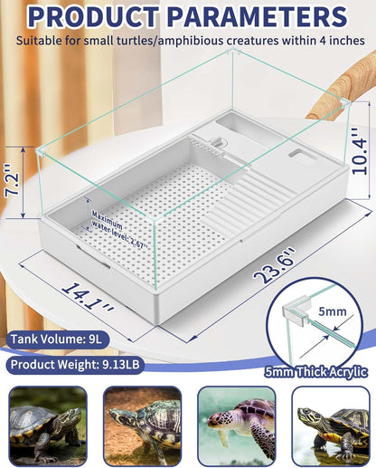 Large Turtle Tank Kit(Tank + Light + Water Pump), Acrylic Turtle Tank Starter Kit with Upgrade Rain Shower Head, Adjustable 5W Water Pump, Higher Fences and Multi-Function Area. (L-Kit)