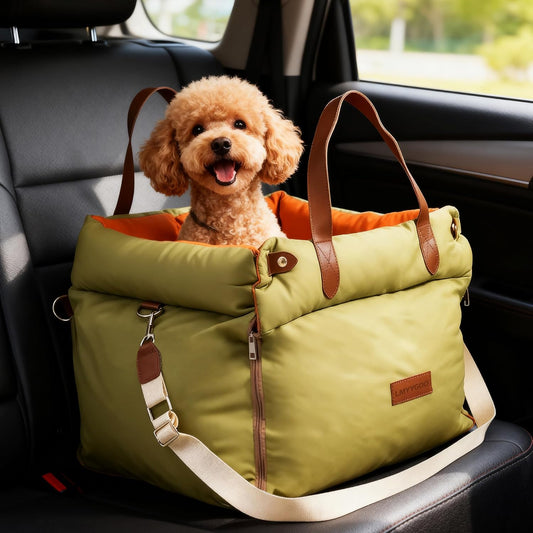 Dog Car Seat for Small & Medium Dogs, Waterproof Soft Leather Dog Car Bed with Harness Clip, Travel Bed & Carrier Bag for Pets, Fits Pets Up to 35 lbs (Green, Small & Medium)