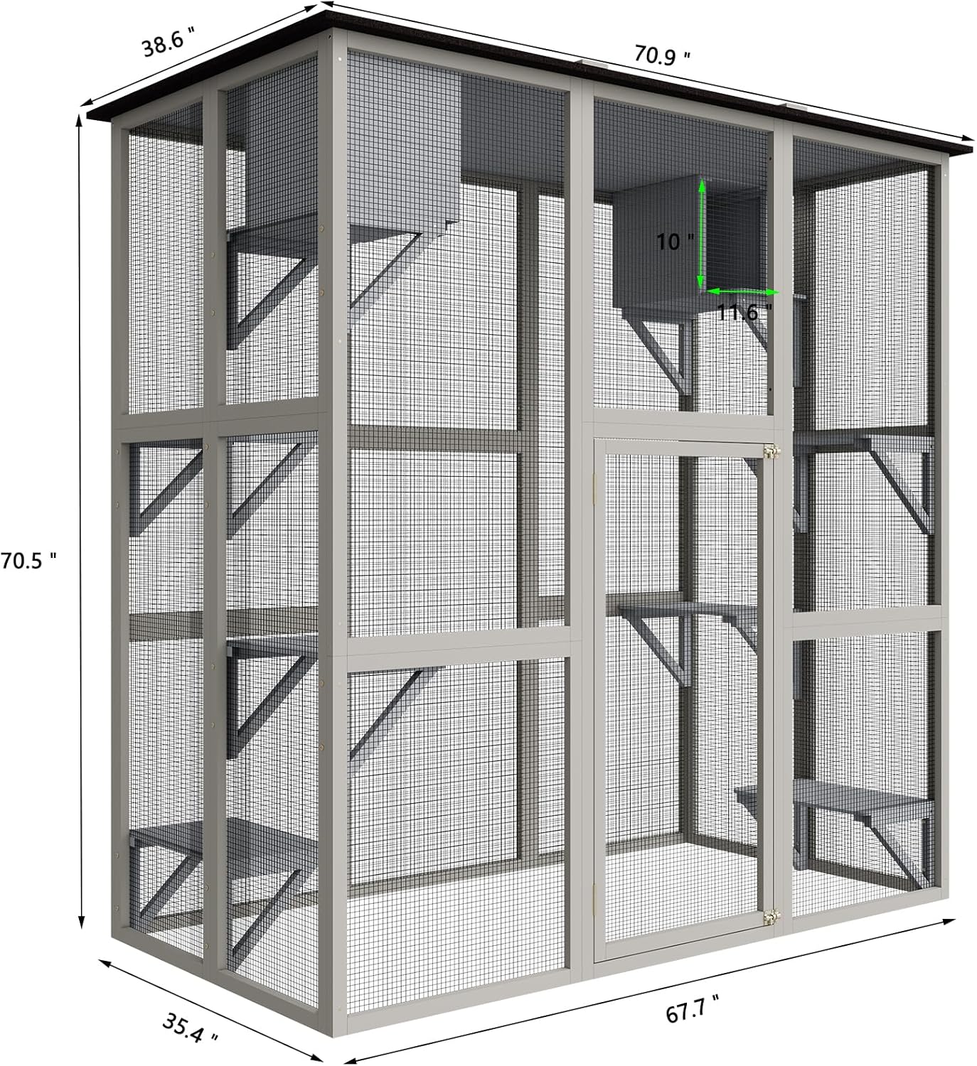 Catio Outdoor Cat Enclosure, Large Walk in Cat House for Outdoor Cats Kitten Enclosure with Weatherproof Asphalt Roof,Cat Cages with 6 Platforms & 2 Napping Boxes, 70.9",Grey