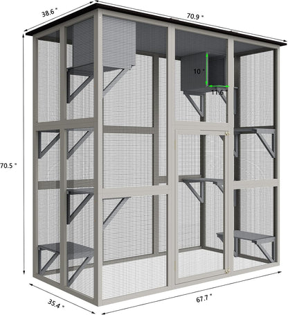 Catio Outdoor Cat Enclosure, Large Walk in Cat House for Outdoor Cats Kitten Enclosure with Weatherproof Asphalt Roof,Cat Cages with 6 Platforms & 2 Napping Boxes, 70.9",Grey
