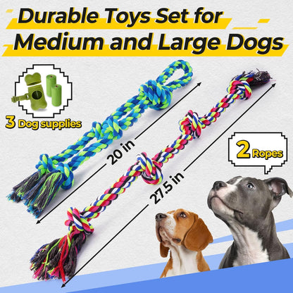 Tough Dog Rope Toys for Aggressive Chewers, Tough Tug of War Dog Toys for Large, Medium & Small Dogs – 5 Pack Including 2 Ropes & 3 Supplies