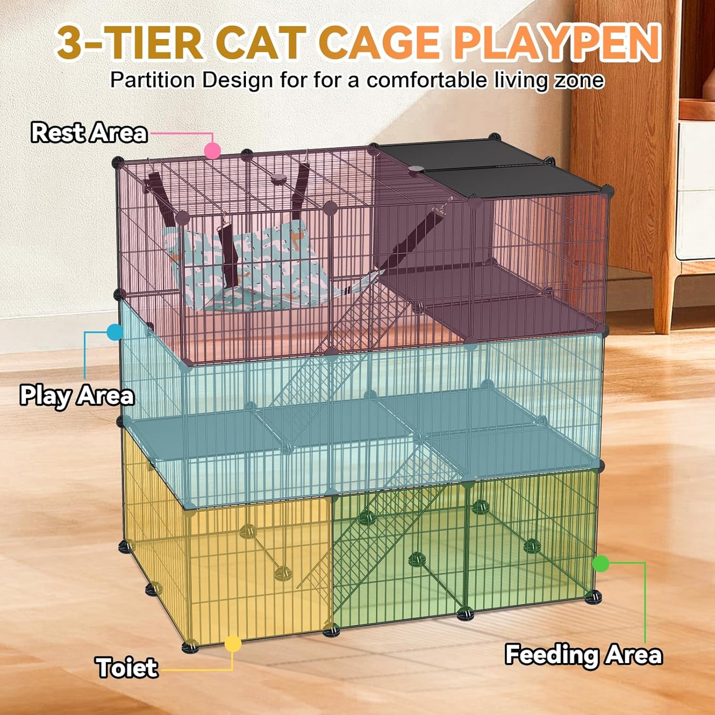 Cat Cage, 3-Tier DIY Cat Enclosures Catio, Cat Playpen Indoor & Outdoor with Hammock, Detachable Metal Wire Kennel Cats Crate, 2x3x3 Exercise Place for 1-3 Cats/Kitten