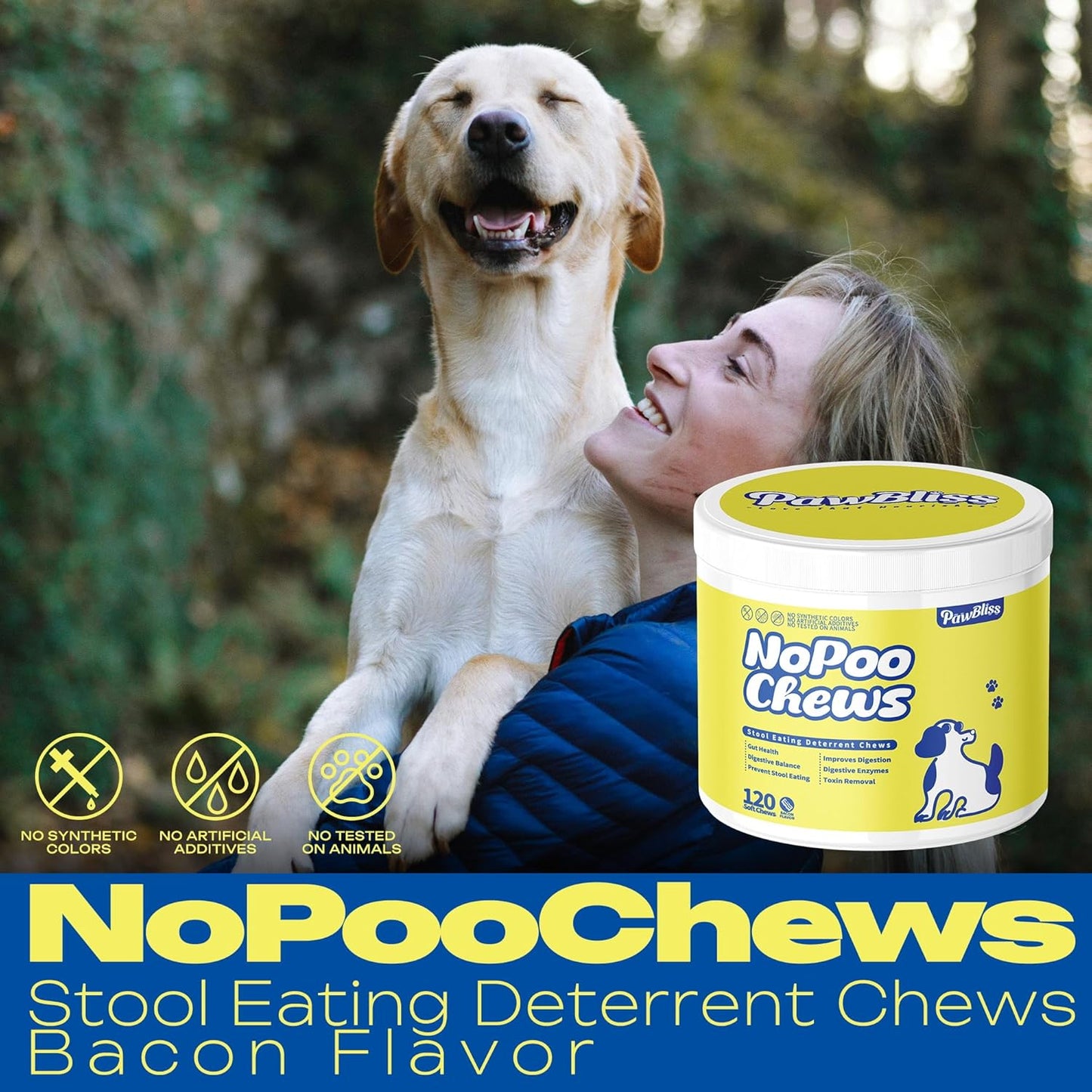 No Poo Chews for Dogs – Stop Stool Eating with Coprophagia Deterrent – Probiotic & Enzyme Soft Chews – Digestive & Breath Support – 120 Bacon-Flavored Chews