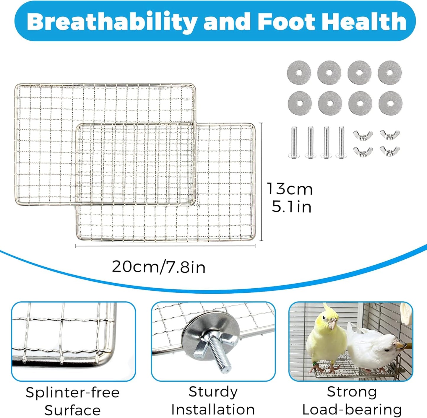 Stainless Steel Bird Perches & Feeder Set (2PCS) - Open-Grid Easy-Clean Perches with No-Spill Veggie Holders for Cockatiel, Conure, Budgie, Quaker