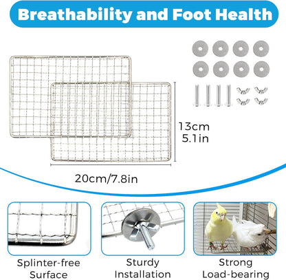 Stainless Steel Bird Perches & Feeder Set (2PCS) - Open-Grid Easy-Clean Perches with No-Spill Veggie Holders for Cockatiel, Conure, Budgie, Quaker