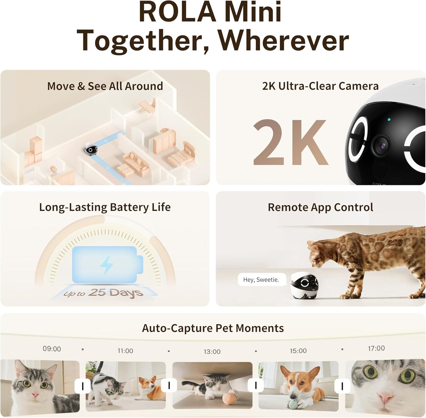 Enabot EBO ROLA Mini FamilyBot 2K Pet Camera Robot: Movable Indoor Camera Battery-Powered with Phone App, One-Touch Call, 2-Way Talk, Night Vision, Motion Detection, Video Recording