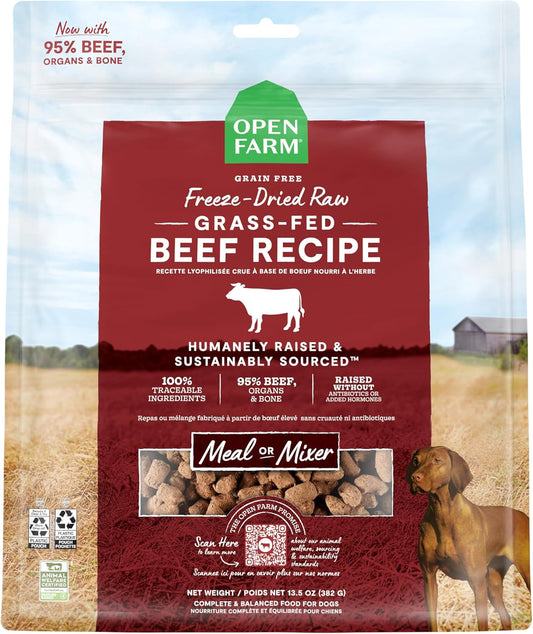 Open Farm, Freeze Dried Raw Dog Food, Morsels with 95% Meat, Organs & Bone, Organic Produce & Superfoods, Complete Meal or Freeze Dried Dog Food Topper, Grass-Fed Beef Recipe, 13.5oz Bag