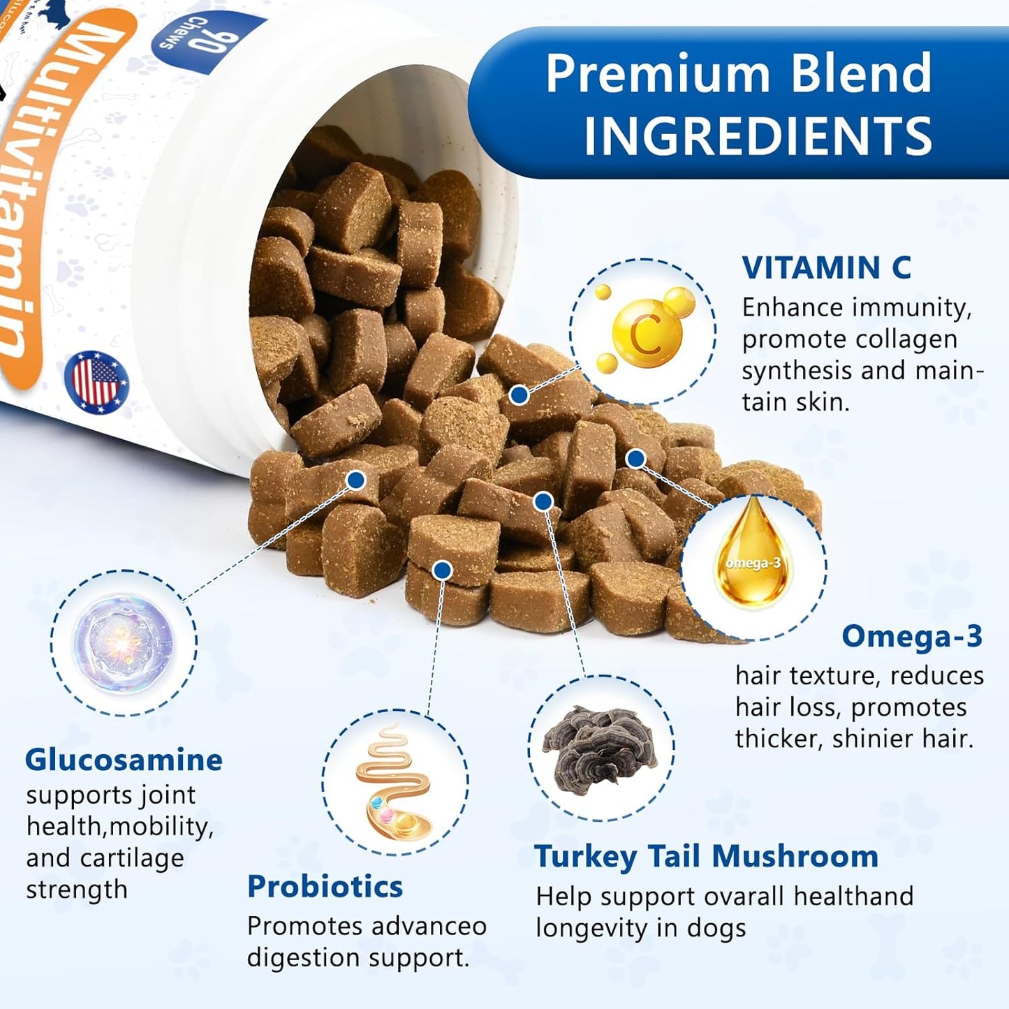 40-in-1 Dog Vitamins and Supplements, Dog Multivitamin Chewable with Glucosamine MSM - Turkey Tail Mushroom, Digestive Enzymes Gut Probiotics, Hip & Joint, Omega-3 Skin & Coat Eyes Immune Support