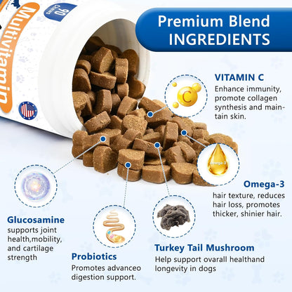 40-in-1 Dog Vitamins and Supplements, Dog Multivitamin Chewable with Glucosamine MSM - Turkey Tail Mushroom, Digestive Enzymes Gut Probiotics, Hip & Joint, Omega-3 Skin & Coat Eyes Immune Support
