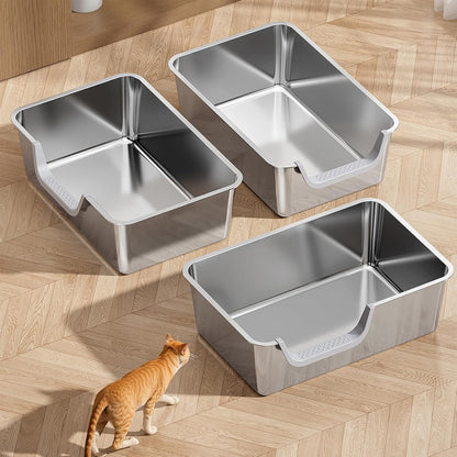 Stainless Steel Litter Box with High Sides,23.6" L X 15.7" W X 7.8" H,Extra Large Jumbo Cat Litter Box,XL Kitty Metal Liter Box for Indoor Big Cat,Non-Sticky,Anti-Leakage(Entry on Long Side)