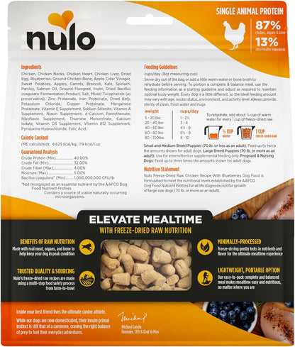 Nulo Freeze-Dried Raw Chicken Recipe with Blueberries Complete and Balanced Dry Dog Food Kibble, 8 Ounce Bag