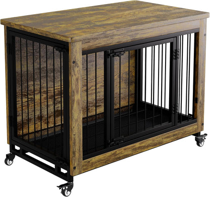 38.6'' Rustic Wood Dog Crate Furniture with Pull-Out Tray, Wheels & 3 Doors, Indoor Kennel Heavy Duty Dog Kennel with Removable Tray, Side Table for Small Medium Breeds Easy Assembly & Cleaning