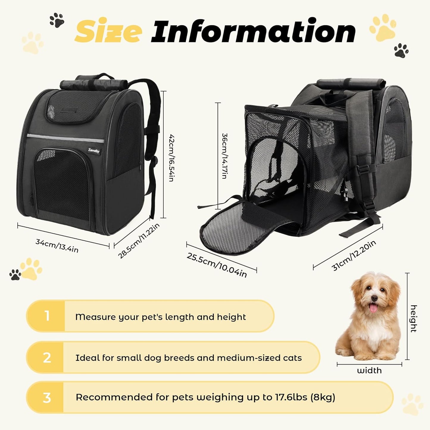Zavothy Expandable Pet Backpack Carrier for Small Cats & Dogs, Airline Approved Travel Bag with Mesh Windows, Expandable Space, Padded Bottom, Foldable Design (Black/Grey)